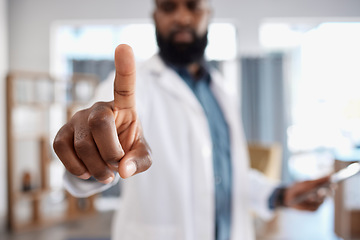 Image showing Hand, invisible screen and doctor press key on technology for healthcare, wellness or telehealth. Finger, click touchscreen or medical professional on internet for digital connection on futuristic ui