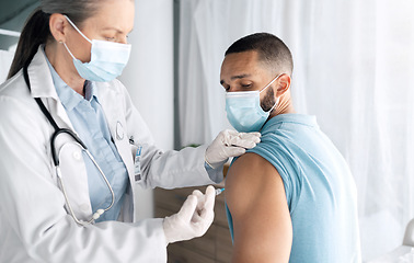 Image showing Covid, doctor and patient for injection at hospital for health, wellness or vaccination with treatment. Medical care, people and clinic for checkup, prescription or cure after examination for illness