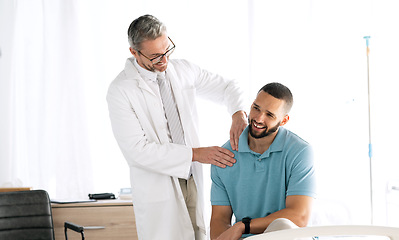 Image showing Doctor, men and consultation with conversation, healthcare and appointment with injury, muscle tension and medicare. Patient in an office, medical professional and speaking with checkup and wellness