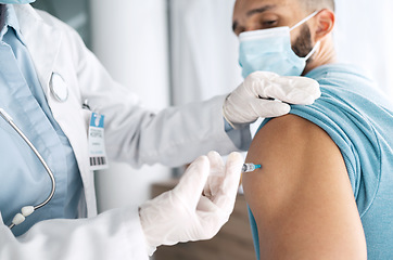 Image showing Doctor, hands and patient for injection, vaccine or flu shot at hospital for checkup or appointment. Closeup of medical nurse or healthcare professional with needle for vaccination or cure at clinic