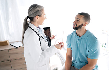 Image showing Doctor, patient and consultation at hospital for checkup, results or healthcare diagnosis on bed. Medical woman or surgeon consulting man, customer or client for appointment, visit or test at clinic