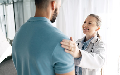 Image showing Doctor, patient and woman touch shoulder for support in consultation for healthcare, wellness or empathy. Happy medical professional comfort man for care, kindness and mature surgeon help in hospital