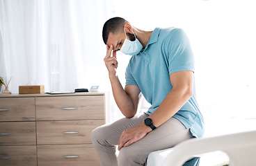 Image showing Stress, depression and sad man in face mask, sick and tired of financial crisis in home. Fail challenge, anxiety and person with fatigue, burnout and thinking of bankruptcy, debt mistake and headache