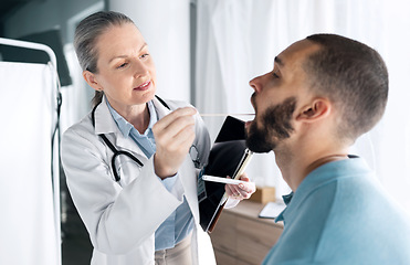 Image showing Mouth swab, people and doctor check up, oral examination or helping patient with bacteria, virus or flu sample. Healthcare service, wellness and medicine expert, surgeon or nurse support sick client