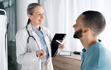 Image showing Woman doctor, medical consultation and tablet at hospital with patient discussion and surgery info. Wellness advice, technology and mature female professional with healthcare, consulting and talking