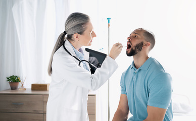 Image showing Mouth swab, medical people and doctor check up, oral exam or help patient with clinic, virus or flu sample. Health care appointment, wellness and medicine expert, surgeon or nurse support sick client