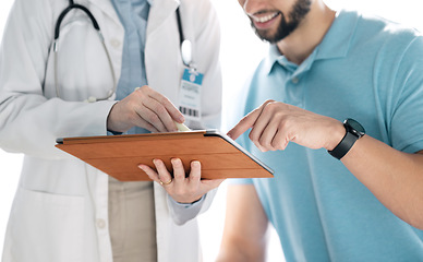 Image showing Doctor, man hands and tablet for medical consultation, hospital support and feedback or online results. Healthcare professional and patient with digital technology, advice and information or charts