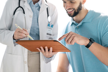 Image showing Doctor, patient hands and tablet in healthcare consultation, hospital support and feedback or online results. Medical professional and people for digital x ray, charts or technology in clinic advice