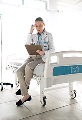 Image showing Healthcare, woman and thinking with clipboard at clinic for patient data, checklist and medical results with notes. Doctor, professional or person with documents for information or planning on chart