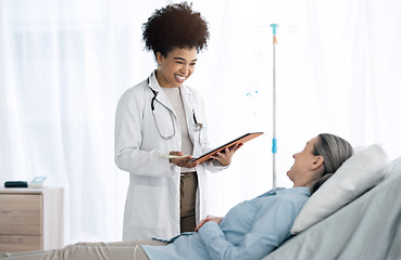 Image showing Woman doctor, medical check and tablet at hospital bed of patient discussion and surgery info. Wellness advice, technology and professional with healthcare, consulting and talking in consultation