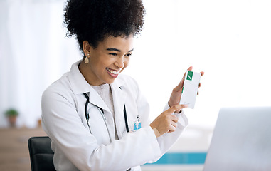 Image showing Woman, doctor and laptop for video call, drugs and advice with telehealth, product and package in clinic office. Medic, nurse or pharmacist with box, pills and happy for consultation with computer