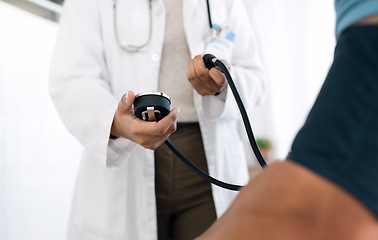 Image showing Clinic hands, people and doctor hypertension test for medical exam, assessment or health consultation. Closeup surgeon, professional nurse or monitor blood pressure, pulse or reading sphygmomanometer