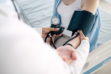 Image showing Medical hands, people and nurse hypertension test for hospital exam, patient consultation or professional service. Nursing help, sphygmomanometer and doctor monitor blood pressure, pulse or diabetes