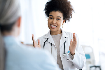 Image showing Hospital, consulting and doctor with patient for discussion, talking and empathy for diagnosis news. Healthcare, clinic and health worker explain to person for support, wellness and medical results