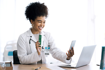 Image showing Doctor, woman and pills in video call or phone communication for healthcare or telehealth service in office. Afrcan person or medical worker with medicine product for virtual consultation on mobile