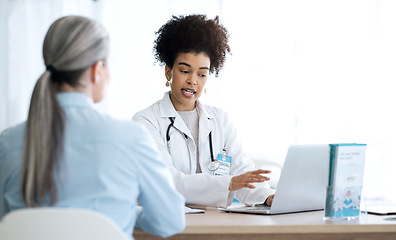 Image showing Doctor, woman and computer for healthcare support, hospital services and patient history, charts or results in office. Medical professional and client on laptop for consultation information or advice