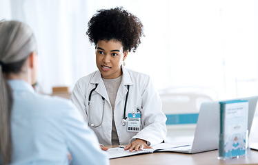 Image showing Doctor, woman and patient folder in healthcare consultation, hospital support and advice for test results. Client and medical professional with documents folder, paperwork and discussion in office