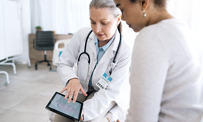 Image showing Doctor, woman patient and tablet for hospital consultation, healthcare support and feedback or online results. Medical professional with client for digital information, advice or charts in clinic