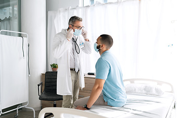 Image showing Hospital patient, doctor face mask and people ready for medical wellness, assessment or help with health test. Clinic service, cardiology or nurse aid on cardiovascular, disease or client examination