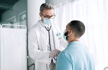 Image showing Stethoscope, people and doctor listening to heartbeat, lung assessment or help with asma, tuberculosis or heart test. Hospital, cardiology and nurse support on cardiovascular, disease or diagnosis