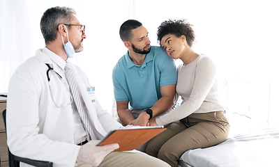 Image showing Doctor consultation, problem and couple sad over bad online results, gynecology news or medicine healthcare fail. Clinic gynecologist, marriage people or medical surgeon support, help or empathy care