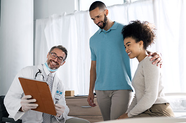 Image showing Doctor consultation clipboard, happy and couple reading gynecology results, news or medical information. Gynecologist review, assessment checklist and patient smile for feedback, notes or health data