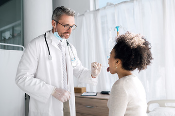 Image showing Mouth swab, people and doctor oral exam, tongue check or helping with disease, assessment or flu sample. Healthcare, wellness or medical expert, surgeon or nurse support sick client, patient or woman