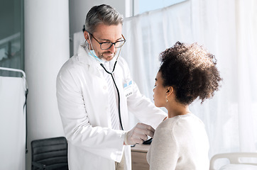 Image showing Stethoscope, people and doctor listen to patient heartbeat, breathing or help with asma lung virus, tuberculosis or health test. Hospital, cardiology and nurse support on asthma, disease or diagnosis