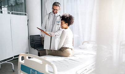 Image showing Happy people, doctor clipboard and patient consultation on health research results, healthcare services or medical information. Discussion, assessment checklist and client listening to bad feedback