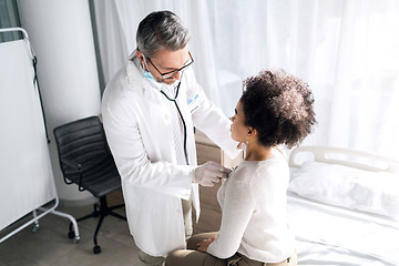 Image showing Stethoscope, clinic people and doctor listen to heartbeat, breathing or help with asma lung virus, tuberculosis or health test. Clinic consultation, cardiology and nurse support for asthma patient