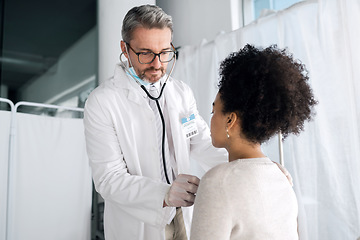 Image showing Stethoscope, people and doctor check lungs, breathing or helping patient with heartbeat, heart virus or cardiology test. Health care, cardiovascular exam and medicine expert support for sick client