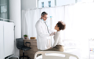 Image showing Stethoscope, people and doctor check heart, breathing or helping patient with lung virus, tuberculosis or cardiology test. Wellness clinic, cardiovascular exam and medical expert support for client