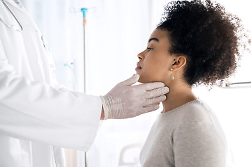 Image showing Doctor hands, people and check neck, examine throat or help with vocal injury, tonsils or lymph node. Oral health appointment, hospital consultation aid and nurse support for client, patient or woman