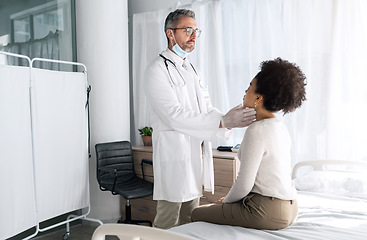 Image showing Hospital, people and doctor check neck, throat examination or helping patient with vocal injury, virus or flu infection. Health care, wellness and medical expert, surgeon or nurse support sick client