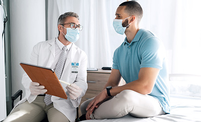 Image showing Clinic men, clipboard and doctor consultation on medical results, assessment or wellness health report, support or help. Talking, service or medicine expert, surgeon or client answer survey questions