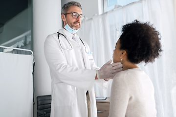 Image showing Clinic, people and doctor check neck, examine throat or helping patient with vocal injury, tonsils infection or lymph node. Healthcare, hospital consultation aid and medical expert support for client