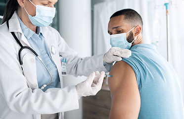 Image showing Doctor, patient and injection for vaccine or flu shot at hospital in checkup, visit or appointment. Closeup of medical nurse or healthcare professional with needle for vaccination or cure at clinic
