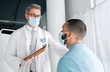 Image showing Hospital men, clipboard and doctor consulting on medical results, assessment or wellness health report, support or help. Consultation exam, services and clinic expert, surgeon or nurse feedback notes