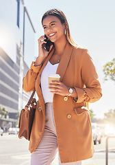 Image showing Phone call, coffee and business woman in city for journey, morning commute and travel for work. Networking, corporate worker and person walking on smartphone for communication, connection and contact