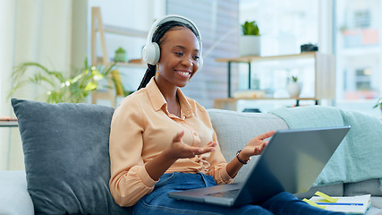 Image showing Black woman, laptop or video call on house sofa for networking, b2b customer deal or freelance business consulting. Smile, happy or talking employee on remote work technology or mobile communication