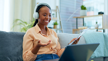 Image showing Video call, remote work and employee woman doing presentation on couch in a home on webinar with laptop. Sofa, information and freelancer working with online technology in apartment for consultation