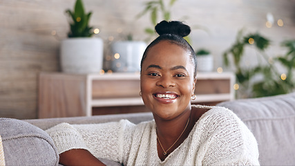 Image showing Relax, happy and portrait of black woman on sofa for satisfaction, free time and weekend at home. Apartment, positive attitude and face of person in living room on couch for calm, carefree and chill