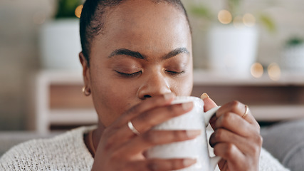 Image showing Black woman, meditation and peace with coffee in hands and relax at home, future and mindfulness. Stress free, warm drink and dream, inspiration and self care, calm in lounge and tea for wellness