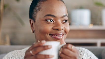 Image showing Black woman, happiness and peace, thinking with coffee in hands and relax at home, future and mindfulness. Smile, warm drink and dream, inspiration and self care with calm in living room and tea