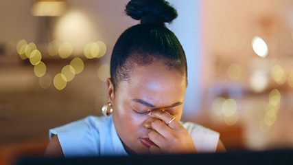 Image showing Stress, headache and deadline with a business black woman in her office at night for overtime work. Depression, fail or mistake with a frustrated or annoyed professional employee in the workplace