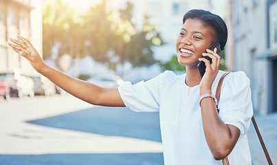 Image showing Phone call, travel and taxi with a black woman in the city during a summer commute on the street or sidewalk. Mobile, wave and transport with a happy young person outdoor on a road in an urban town