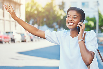 Image showing Phone call, wave and taxi with a black woman in the city during a summer commute on the street or sidewalk. Mobile, travel and transport with a happy young person outdoor on a road in an urban town