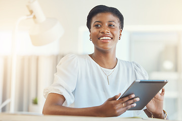Image showing Tablet, office and happy business black woman for social media, internet and online email. Corporate, professional and person on digital technology for website, research and networking at desk