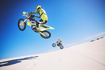 Image showing Motorbike, people and sports with fitness, competition and training with safety, desert and workout. Athletes, sand and bikers with mockup, practice and cycling with exercise, challenge and energy