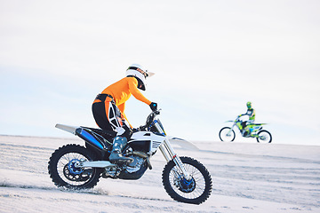 Image showing Motorcycle, desert and moto sport fitness with men outdoor on hill with race, journey and adventure. Extreme, sand and motorbike challenge of biker people with driving exercise and training in Dubai